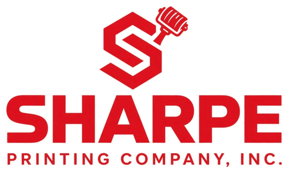 Sharpe Printing Company, Inc. logo with red geometric S monogram and printing roller